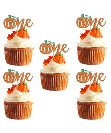 24Pcs Glitter Pumpkin One Cupcake Toppers- Pumpkin Birthday Baby Shower Party Decorations,Pumpkin 1st Birthday Cake Decorations,Fall 1st Birthday Party Cupcake Picks,Pumpkin Cupcake Toppers