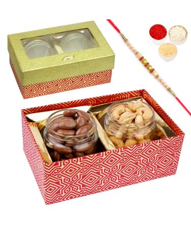 Jaiccha Ghasitaram Rakhi Gifts for Brothers Box with 2 Jars of Chocolate Coated Almonds and Roasted Cashews with Pearl Rakhi Box with 2 Jars of Choco Almonds and Kaju Rakhi