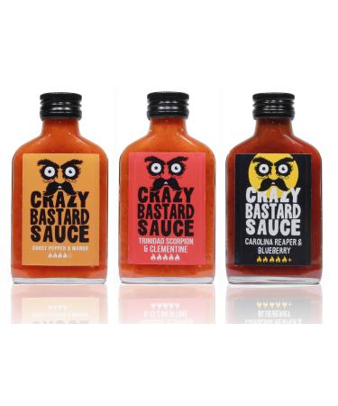 Crazy B Sauce - Sample Set of 3 Chili sauces with The Worlds Hottest Peppers - Ghost Pepper & Mango Trinidad Scorpion & Clementine Carolina Reaper & Blueberry (3 x 100ml)