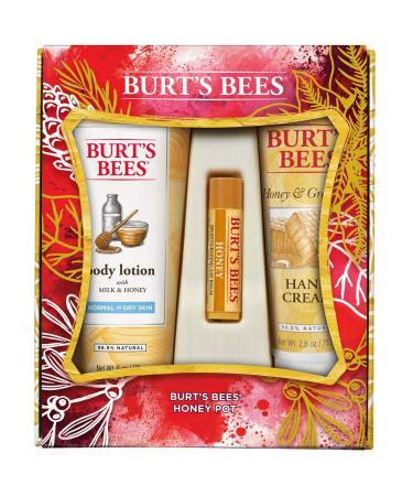 Burt's Bees Honey Pot Holiday Gift Set 3 Honey Skin Care Products - Milk & Honey Body Lotion Honey & Grapeseed Hand Cream and Honey Lip Balm