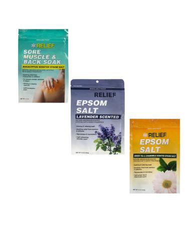 Epsom Salt soak VARIETY PACK Eucalyptus Lavender Chamomile 16 oz Each