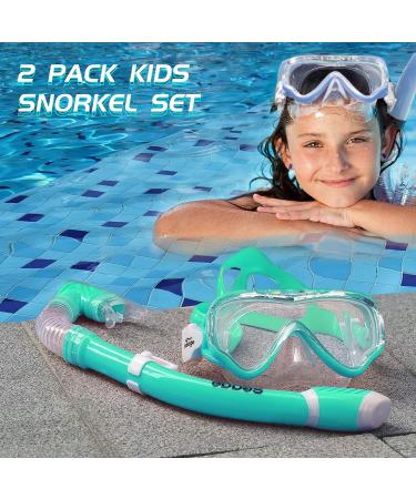 Kids Snorkel Set - 2 Pack Dry Top Mask & Gear for Boys Girls | Anti-Fog, Panoramic View, No Leak Mouthpiece | Scuba Diving & Swimming Equipment with Mesh Bag - Blue & Light Green - Buy Online on SooperMarket.com