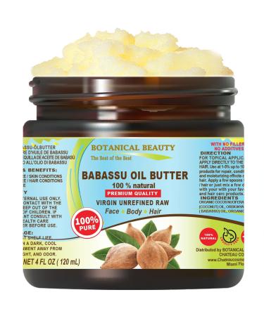 Botanical Beauty BABASSU OIL BUTTER 100% Pure Natural VIRGIN UNREFINED RAW Cold-Pressed 4 Fl oz 120 ml for Face Skin Body Hair Lip Nails. Rich in Vitamin E Vitamin C