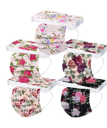 50 PCs Floral Disposable Face_Mask Adults 3Ply Spring Summer Colorful Paper Masks Beautiful Printed Facemask Women Men 50 Count (Pack of 1) Flower-8