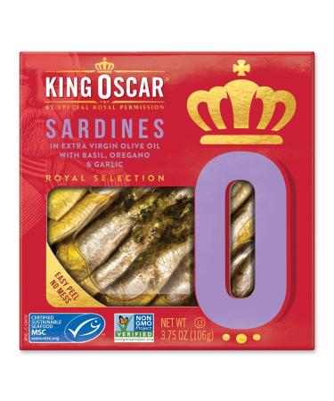King Oscar Sardines In Extra Virgin Olive Oil with Basil Oregano & Garlic 3.75 oz (106 g)
