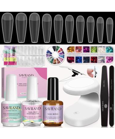 Saviland Nail Tips and Glue Gel Kit - All-in-one Nail Kit with 240PCS T-Shape Matte Nail Tips, 4-in-1 Nail Glue Gel, 16w U V LED Nail Lamp, Nail Prep Dehydrator & Nail Bond for Nail Salon Home DIY Long Press T-Shape