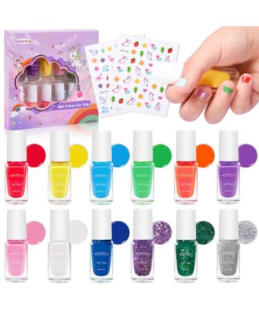 Nail nail polish set for children 12 colors non-toxic children's sail polish peel-off nail set with nail ticker quickly drying and easy to unload birthday present girl from 3 years white blue orange