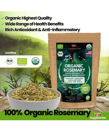 Huggiberries Organic Rosemary Leaves-Spice 3.5 OZ (100g) - Pure High Aromatic Flavor for Meat, Vegetables & Soup | USDA Approved, GMO & Gluten Free, Raw Vegan - Immunity Boosting & Wellness Support - Buy Online on SooperMarket.com