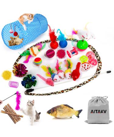 31 PCS Cat Toys Kitten Toys Assortments,Variety Catnip Toy Set Including 2 Way Tunnel,Cat Feather Teaser,Catnip Fish,Mice,Colorful Balls and Bells for Cat,Puppy,Kitty