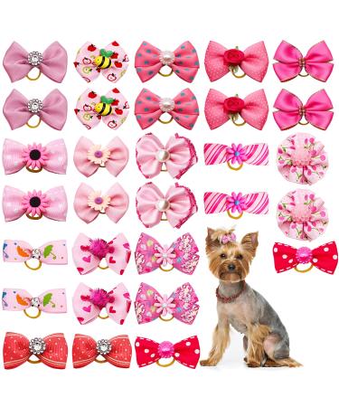 JpGdn 30PCS/15PAIRS Pink Dog Hair Bows with Rubber Bands Puppy Hair Bowknot Top Knot Elastic Radom Pattern for Girl Female Doggy Poodle Pet Animal Grooming Accessories Attachment