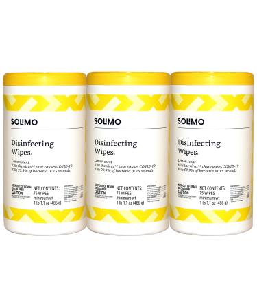 Amazon Brand - Solimo Disinfecting Wipes, Lemon Scent, Sanitizes/Cleans/Disinfects/Deodorizes, 75 Count (Pack of 3)