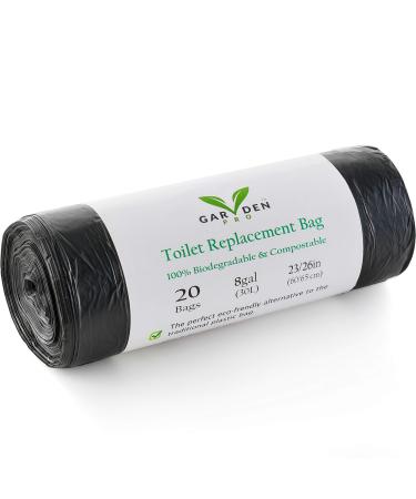 Portable Toilet Replacement Bags | 20 Liners, 8 Gallon 100% Compostable for Camping | OK Compost Home Certified, Plastic Free Black 8G