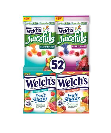 Welch's Fruit Snacks Combo Variety Pack, Juicefuls Berry Blast & Island Splash Juicy Fruit Gushers and Island Fruits & Fruit Punch Fruit Snacks, Individual Single Serve 0.9 and 1 oz Bags (Pack of 52) Combo: Juicefuls and F…