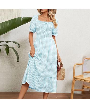 2023 Women's Casual Ruffle Sundress | Smocked Flowy Maxi Dress | Square Neck Plaid | Pink X-Large - Buy Online on SooperMarket.com