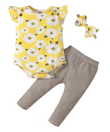 Koonde Baby Girl Clothes Newborn to 24 Months 3-piece Baby Girl Outfits Romper Trouser & Headband 12-18 Months Yellow + Caramel