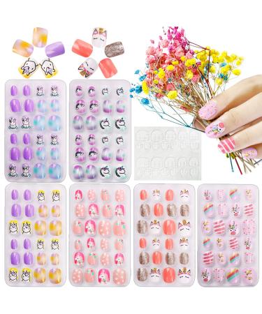 Kalolary 144 PCs Children's fingernails unicorn pattern children artificial nails press on nails short full cover false nail set artificial nail tips gift with 1 piece of nail glue sticker