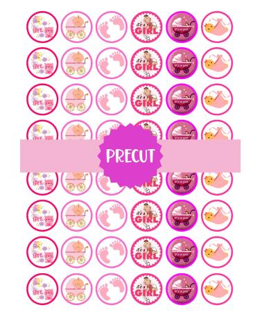 PRECUT 48 Its A Girl Baby Shower Cupcake Toppers Mixed Theme 3cm Edible Wafer Discs Premium Thickness SWEETENED VANILLA Wafer Card Mini Cupcake Decorations Stand Up/Lie Flat 48 UNCUT
