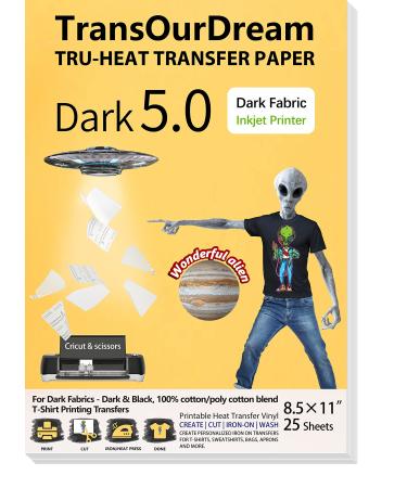 TransOurDream Tru-Iron on Heat Transfer Paper for Dark Fabric (25 Sheets  8.5x11  Dark 5.0) T Shirt Transfers Paper for Inkjet Printer Printable Heat Transfer Vinyl for T-Shirts (TRANS-D5-20)