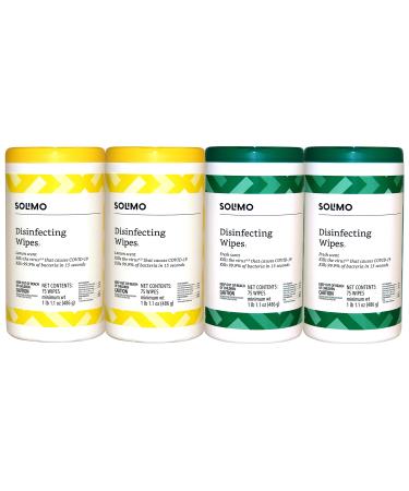 Amazon Brand - Solimo Disinfecting Wipes, Lemon & Fresh Scent, Sanitizes/Cleans/Disinfects/Deodorizes, 75 Count (Pack of 4)