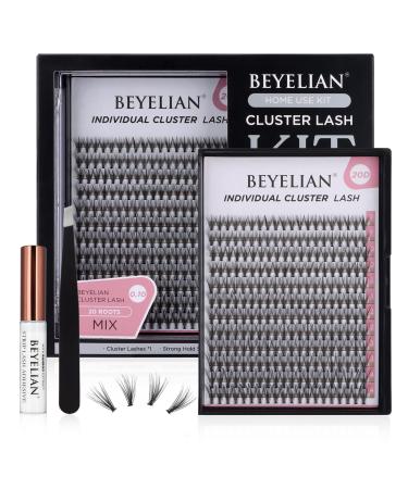 BEYELIAN DIY Eyelash Extension, Cluster Lashes, Individual Lashes Kit With Glue And Tweezers,3D Cluster Lash Extensions kit 240Pcs (0.07mm, 10/20 roots) 0.10 20Roots