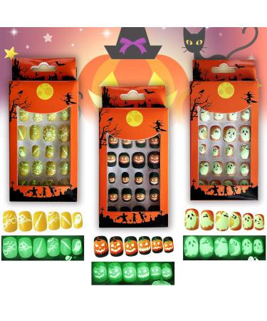 Halloween Luminous Press on False Nails for Kids 3 Boxes Halloween Themed Fake Nails with Adhesive Tabs for Short Full Cover False Fingernails for Nail Art Decoration