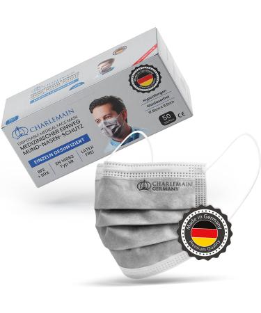 Charlemain 50x op masks made in Germany EN 14683 Type IIR medical mouth-nose protection BFE 99.9% 3-layer latex-free MNS one-way face masks-gray 50 pieces (1 Pack)