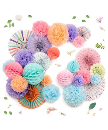 PapaKit Deluxe Origami Large Wall Decoration Set (26 Assorted Paper Fans & Pom-poms) Birthday Party Baby Shower Wedding Events Decor | Creative Art Design Pattern (Festive Colors, Deluxe 26 Piece Set) Festive Colors - Mixed Patterns Deluxe 26 Piece Set