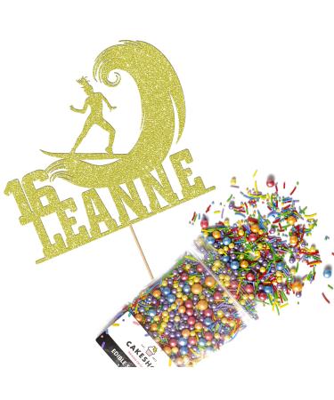 Cakeshop Cake Decoration Pack | Surfer Surfing Theme Premium Double Sided Glitter Card Cake Topper & 25g Party Pack of Cake Sugar Sprinkles | Custom Name & Age Cake Decorations (Champagne) Non-Prime Glitter Card: Champagne