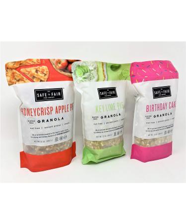 The Safe + Fair Food Company Granola-Birthday Cake, Honeycrisp Apple Pie, Key Lime Pie-12 Ounce Pouch-PACK OF 3 (Gluten-Free, Vegan, Non GMO)