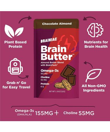 Brainiac Omega-3 Chocolate Almond Butter Pouches - 20 Count, 1.15 oz. Each - Protein & Choline Rich Healthy Snacks for Kids and Adults - Buy Online on SooperMarket.com