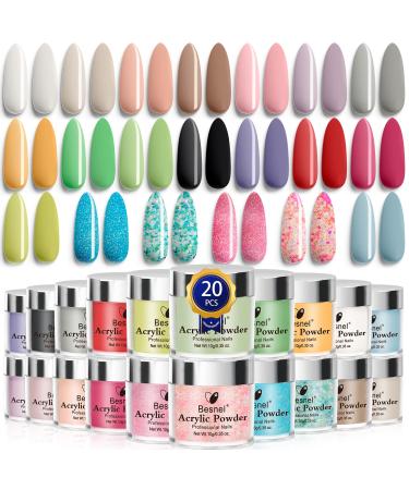 Besnel Acrylic Powder Set, 20 Colors Acrylic Nail System Professional Polymer Colorful Set Nail Art Powder for Nail Extension Nail Carving French Nails No Nail Lamp Needed 20 Colors Professional Polymer Acrylic Nail Set