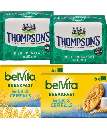 Thompsons Irish Breakfast Tea Bags (2 x 80) Bundeled with Belvita Breakfast Biscuits Milk and Cereals (2x5x4) Everyday Biscuits and Assam Tea Bags