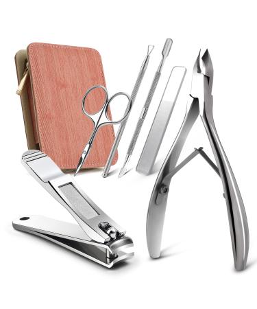 FERYES 6 PCS Manicure Nail Care Kit - Cuticle Removal Tools and Nail Clipper Set Nail Cutter Cuticle Nipper Cuticle Pusher Nail Scissors Glass Nail File - Leather Case Packed 6PCS