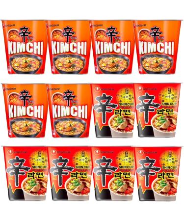 Nong Shim Shin Ramyun and Kimchi Ramyun Cup Korean Instant Spicy Ramen Noodles Halal (Pack of 12)