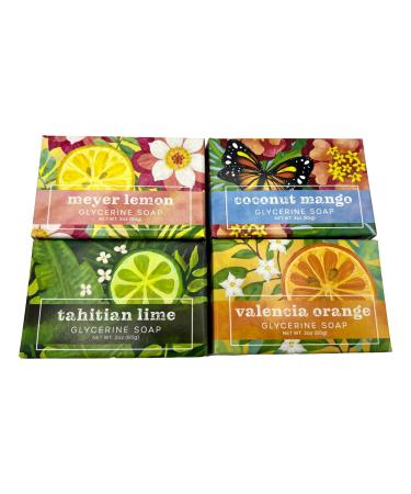 Greenwich Bay Trading Co. Fresh Fruit Collection Set of 4 Glycerine Bar Soaps 3 Oz. Each - Coconut Mango Meyer Lemon Tahitian Lime and Valencia Orange
