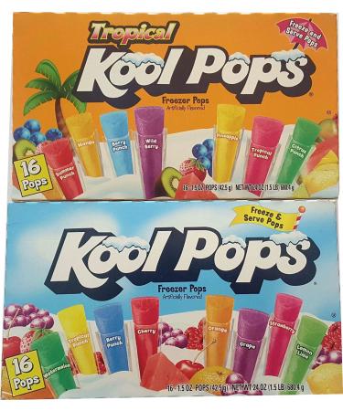 Kool Pops Freezer Pops Bundle - 2 Items: 2 Boxes of 16 Pops - Original and Tropical Flavors