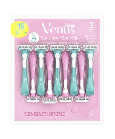 Gillette Venus Sensitive Disposable Razors for Women with Sensitive Skin Delivers Close Shave with Comfort 15 Count (Pack of 1)