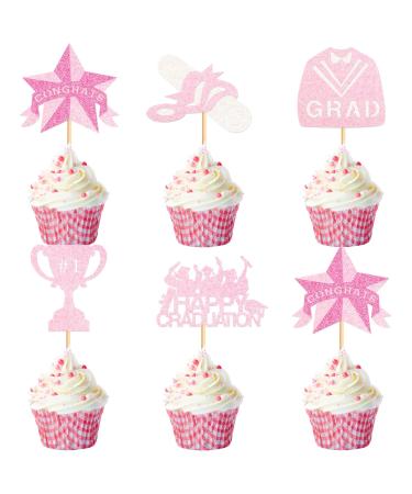 Cyodoos 25 pcs Pink Graduation Cake Toppers Class of 2024 Graduation Cupcake Toppers Congrats Grad and Graduation Party Decorations Pink2
