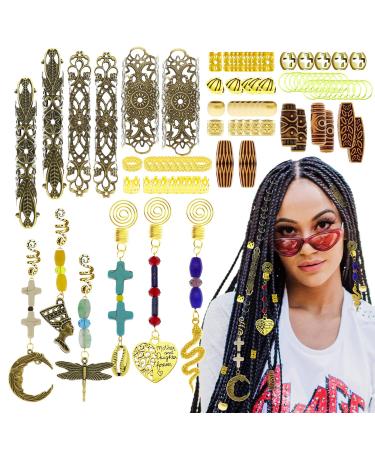 99Pcs Hair Braids Dreadlock Dreads Filigree Cuff Accessories Beard Clips Pins Tube Beads Handmade Gemstone Turquoise Cross Jade Locs Hair Extension Jewelry Nefertiti Shell Snake pendants Gold