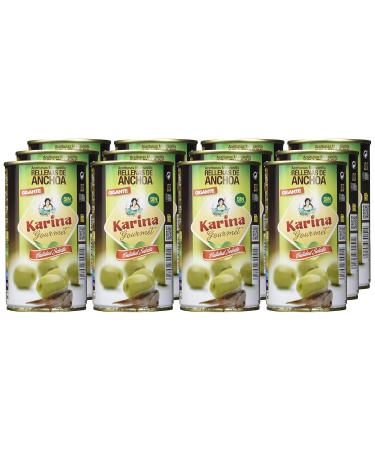 Aceitunas Karina Green Manzanilla Olives Stuffed with Anchoa Paste - Pack of 12 (150g Each) | International Shipping Available - Buy Online on SooperMarket.com