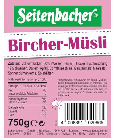 Seitenbacher Bircher Muesli I Whole Grain Cereals I Wheat I Oats I Corn Flakes I Raisins I 3 x 750 g - Buy Online on SooperMarket.com