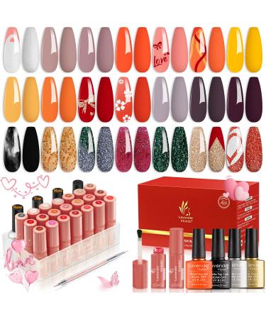 Lavender Violets 25 Pcs UV Gel Nail Polish Pear White Spring Orange Diva Red Gold New Year Nail Art Blooming Gel Base Glossy n Matte Top Coat Dotting Drawing Nail Brush Soak Off Shellac Manicure C406 #1 Gifts for women