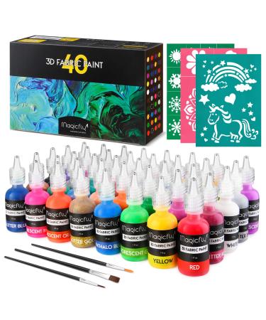 Magicfly 3D Fabric Permanent Paint 40 Color Puffy Paint with Vibrant Colors 3 Bonus Brushes & Stencils Ideal for Textile T-Shirts Fabrics Canvas Glass Wood (5 Color Type & 1 oz Each) 1 Fl Oz (Pack of 40)