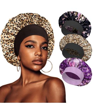 3 PCS Silk Satin Bonnet for Sleeping  Silk Hair Bonnets for Black Women Girls Men Satin Hair Cap for Sleeping Elastic Wide Band Silk Satin Hair Bonnet Cap for Curly Hair Sleeping