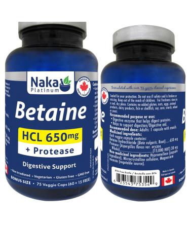 Naka Platinum Betaine HCL 650mg + Protease Digestive Support Made in Canada (75 vcaps) 75 count (Pack of 1)