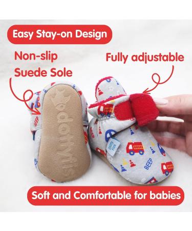 Dotty Fish Baby Booties | Fleece-Lined | Non-Slip Sole | Grey Trains & Cars | 0-6 Months - Buy Online on SooperMarket.com