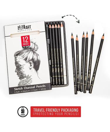 Galart Supplies Charcoal Drawing Set - 12 Piece Pre-Sharpened Pencils for Artists and Beginners | Soft, Medium, Hard, and White Charcoal Pencils for Drawing, Shading, and Sketching with Organizer Tray - Buy Online on SooperMarket.com