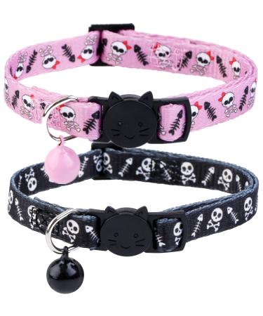 BoomBone Skull Cat Collar Breakaway with Bell,Pack of 2 Safe Halloween Puppy Collars