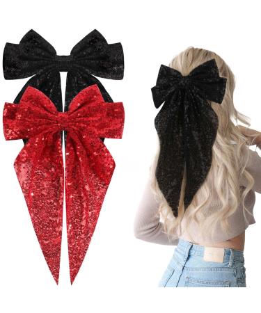2Pcs Big Glitter Layered Hair Bows for Women Girls 8 Inch Barrette Hair Clip Black Red Sparkly Large Long Bows Style Hair Accessories (Black+Red)