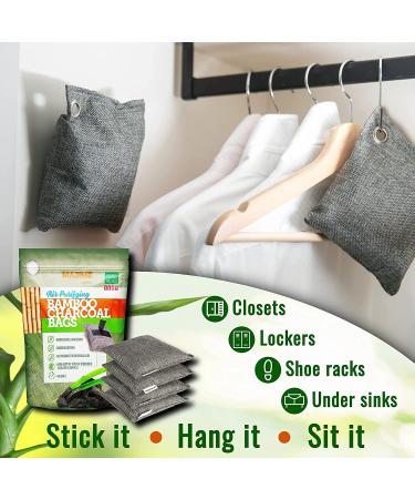 Majime Life Bamboo Charcoal Air Purifying Bag Set - 4x7.1oz with S Hooks - Odor Absorber & Deodorizer for Home - Natural Activated Charcoal Bags - Odor Eliminator - Buy Online on SooperMarket.com